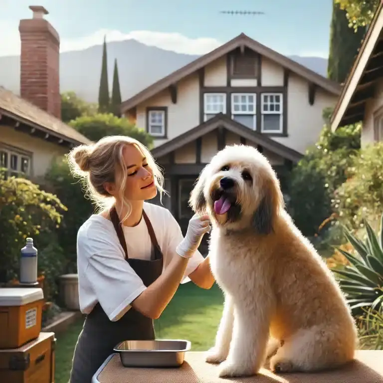 Groomer checking medium-sized dog for fleas in Pasadena backyard with Craftsman homes and mountains