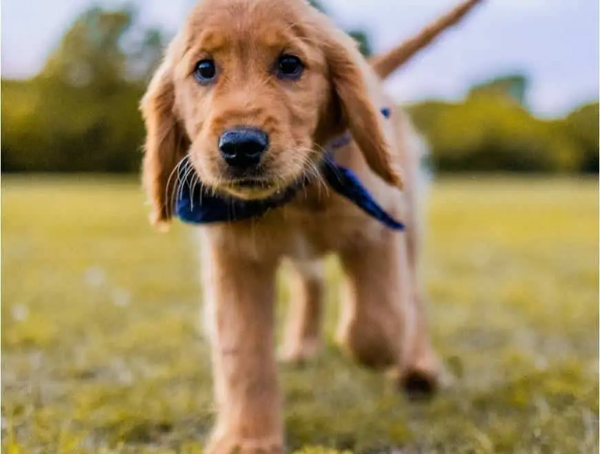 Puppy with blue bandana trotting in a park, close-up face