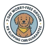 “7-day dog grooming guarantee badge with a happy dog illustration and K9 Klipping Care Guarantee text.”
