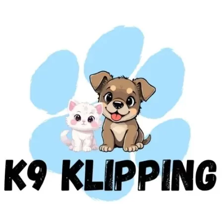 K9 Klipping logo featuring a cute cartoon puppy and kitten sitting in front of a large light blue paw print with bold black text below.